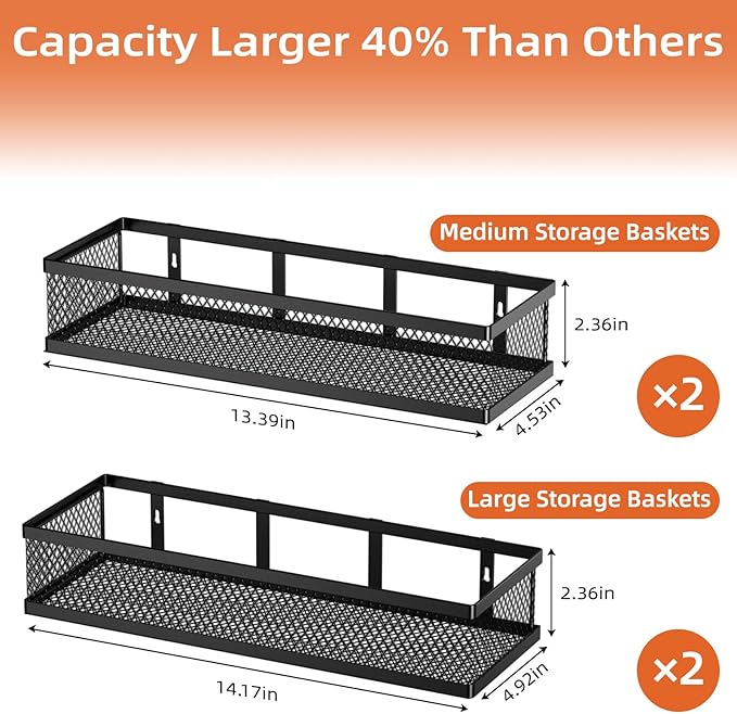 Spice Rack Wall Mount, 4 Pack Pantry Door Organizer & Hanging Storage Baskets Organizer Wall Mount, Large Capacity Metal Spice Shelf for Kitchen Cabinet, Pantry Doors, Bathroom, Shower, Home Decor