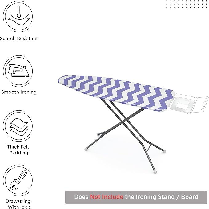 Encasa XO Ironing Board Cover and Pad 54"x15" - Thick 3mm Felt Padding, Drawstring Tightening & Lock, Easy Fit, Scorch & Stain Resistant, Fits Standard Large Ironing Board - Zig Zag Peri
