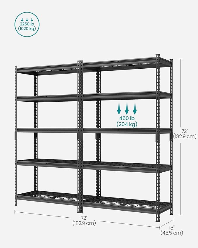 SONGMICS 5-Tier Storage Shelves, Heavy-Duty Garage Shelving, Adjustable Shelving Unit, Steel Shelf, Boltless Assembly, for Garage, 2,250 lb Load, 18 x 72 x 72 Inches, Ink Black UGLR453B02