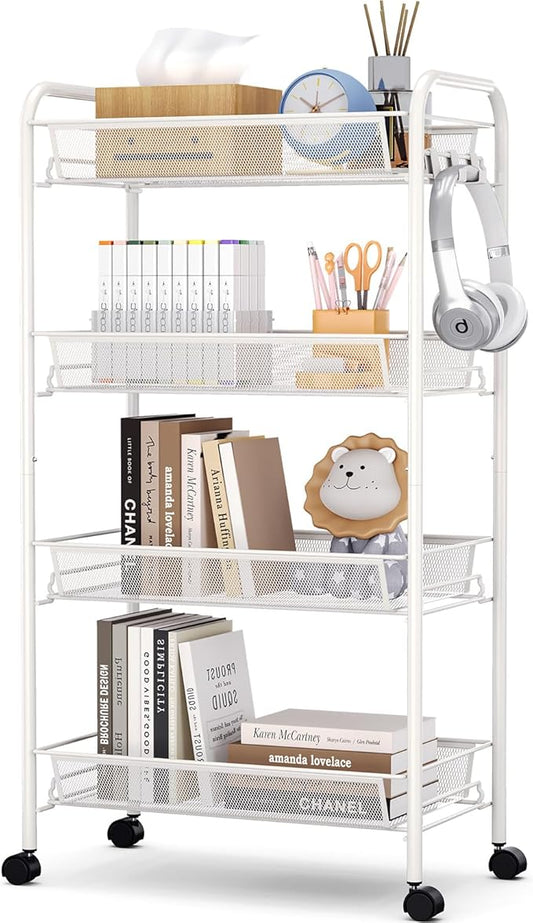 TOOLF 4-Tier Rolling Cart, Metal Utility Cart with 3 Hooks, Easy Assemble Mobile Storage Trolley On Wheels, Metal Shelving Units Kitchen Bathroom Laundry Room