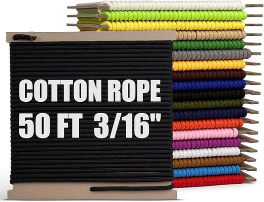 PerkHomy 500lb Cotton Rope 3/16" (5mm) 50 ft Multi Purpose Utility Diamond Braided Cord, Natural Cotton for Clothes Line Camping Crafting Flag Pole, Black