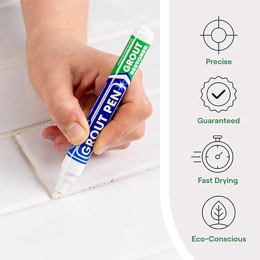 Grout Pen White Tile Grout Paint Marker: Waterproof Tile Grout Colorant and Sealer Pens for Cleaner Looking Floors & Whitener Without Bleach - Narrow 5mm, 2 Pack with Extra Tips (7mL) - White
