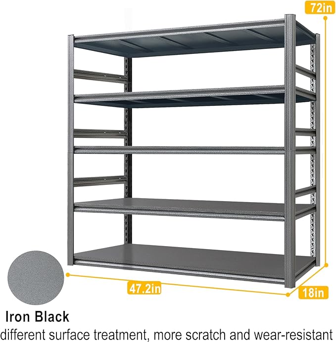 Storage Shelf 5-Tier Garage Shelving, Industrial Shelving with Guardrails, 2500LB Boltless Metal Shelves Heavy Duty for Storage Room, 18" D x 47.2" W x 72" H, Iron Black 3 Pack