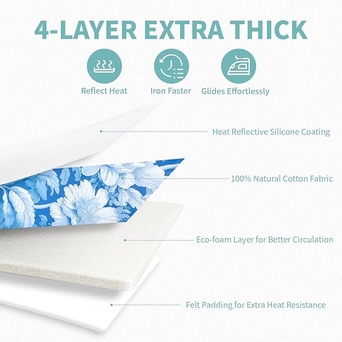 Ironing Board Cover and Pad 15x54 Inch Standard Ironing Board Cover with Elastic Edge and Hook and Loop Fasteners Scorch and Stain Resistant Cotton Ironing Covers