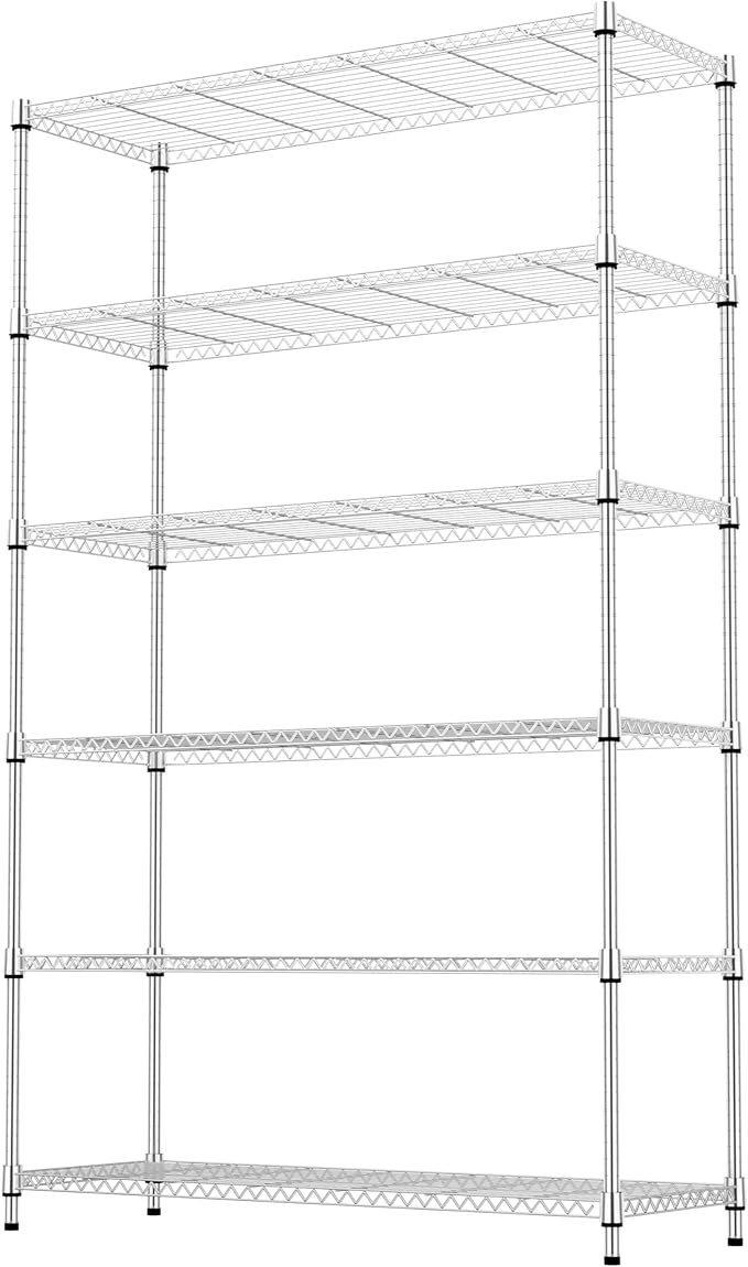 6 Tiers Storage Shelves Load 2100LBS, Metal Shelving Wire Metal Shelving Unit Shelves for Storage Adjustable Garage Shelving for Pantry Kitchen Garage Chrome 17.7" D x 47.3" W x 82.4" H