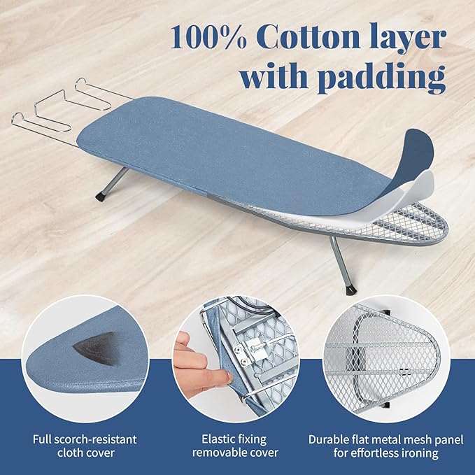 Small Ironing Board Tabletop with Cover and Pad, BlissBoard Mini Folding Iron Board Portable with Non-Slip Feet, Compact Ironing Table for Travel, 31"x12", Blue
