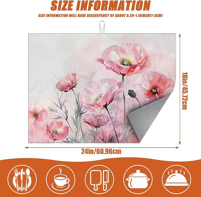 Pink Poppy Flower Dish Drying Mat for Kitchen Counter Microfiber Absorbent Dish Kitchen Drying Mat Draining Reusable Washable for Dishes/Utensils/Counterto