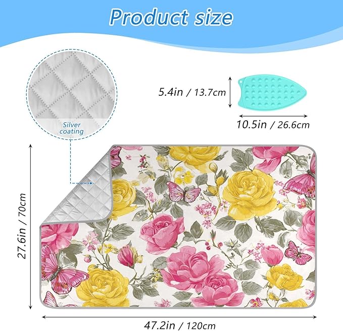 Ironing Mat Portable Ironing Pad Ironing Blanket for Table Top Heat Resistance Double-Side Using Travel Large 47.2 x 27.6 Inch Foldable Lightweight Groovy Roses and Butterflies