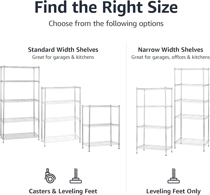 Amazon Basics 4-Shelf Adjustable, Storage Shelving Unit, (200 Pound Loading Capacity per Shelf), Steel Organizer Wire Rack, 13.4"D x 23.2"W x 48"H, Chrome