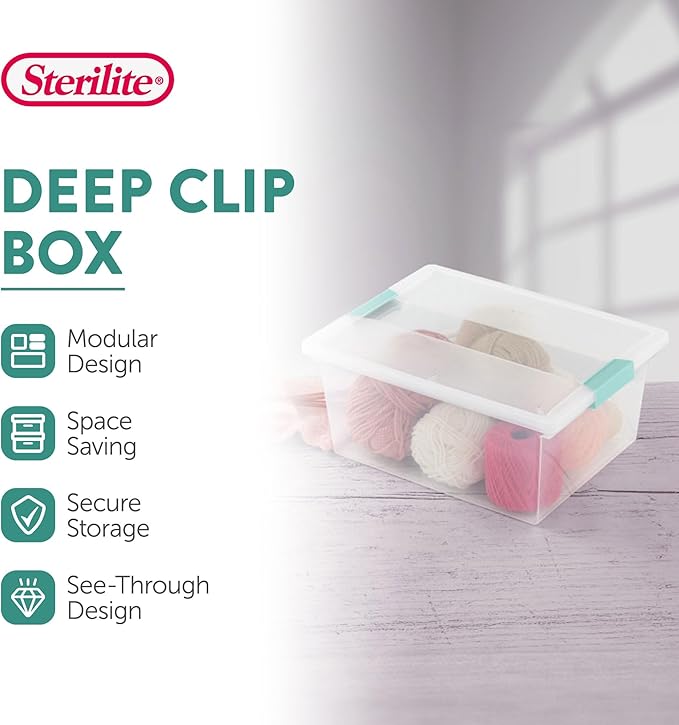 Sterilite 4-Pack Clip Box, Stackable Clear Plastic Bins with Latching Lids, Deep - Writing, Arts or Crafts Supplies Storage Containers for Home, Office, Classroom and Workshop Organization