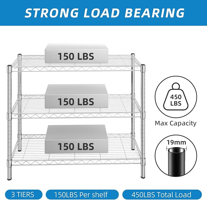 3-Shelf Adjustable Metal Shelf Wire Shelving Storage Rack for Office,Kitchen,Bedroom,Bathroom,Laundry,Pantry Basement,Garage(Chrome,36" L x 14" W x 30" H)