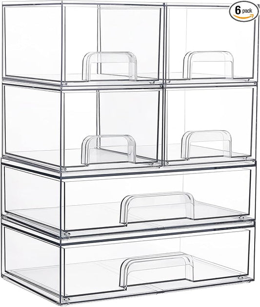 Vtopmart Stackable Storage Drawers Set of 6, Clear Plastic Organizer Bins for Bathroom Supplies,Ideal for Cabinet,Pantry,Laundry Room Organization