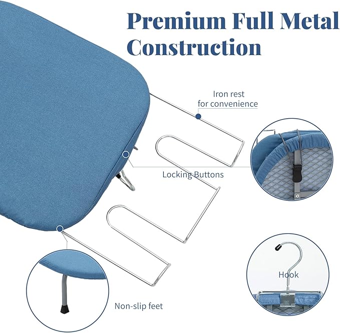 Metal Foldable Iron Board with Iron Holder, RAINHOL Small Ironing Board Tabletop with Heat Resistant Cover, 31x12 Mini Compact Ironing Table for Dorms, Aprtment, Blue