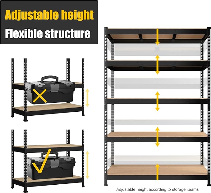 PrimeZone 8 Pack Heavy Duty Storage Shelves - 47" W x 18" D x 71" H 5 Tier Adjustable Garage Storage Shelving, Metal Storage Utility Rack Shelf Unit for Warehouse Pantry Closet Kitchen, Black