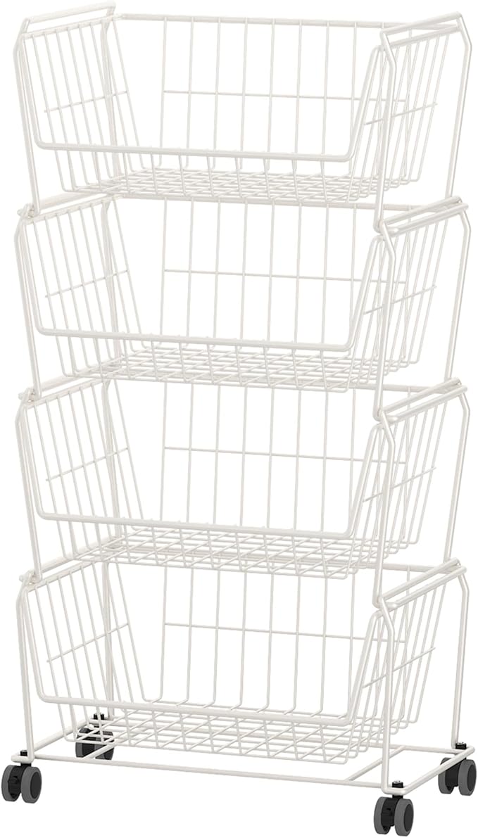 PUSDON Stackable Metal Storage Carts, Dual Use Shelf for Kitchen Fruit Vegetable Baskets with Wheels, Storage Rack for Living Room, Home & Office, Plus White 4 Tiers
