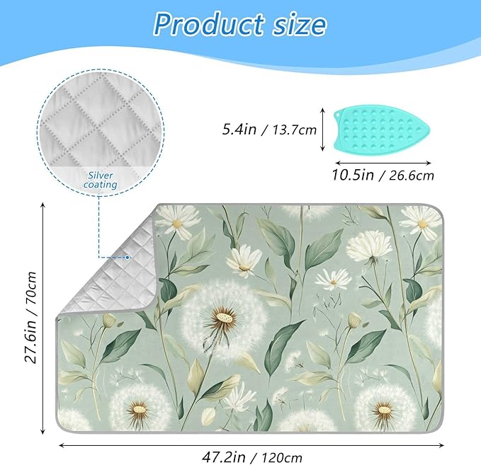 Sage Green Dandelions Flower Ironing Mat for Table top Portable Ironing Pad Blanket for Washer Dryer Countertop Travel
