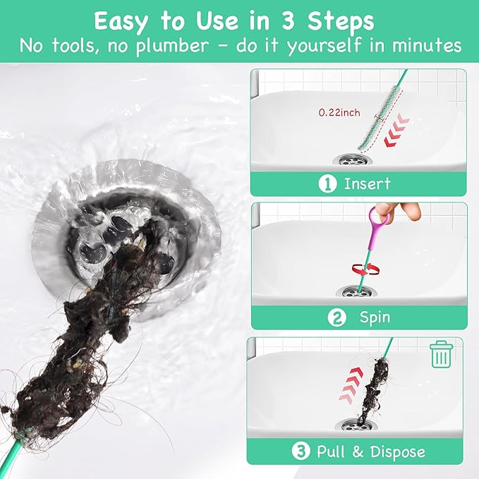 Drain Snake Hair Drain Clog Remover, 37-Inch Anti-Break Metal Sink Snake Drain Hair Removal Tool with Nylon Layer, Plumbing Snake Drain Cleaner Tool–6 Pack for Bathroom, Shower, Kitchen Sink, Bathtub