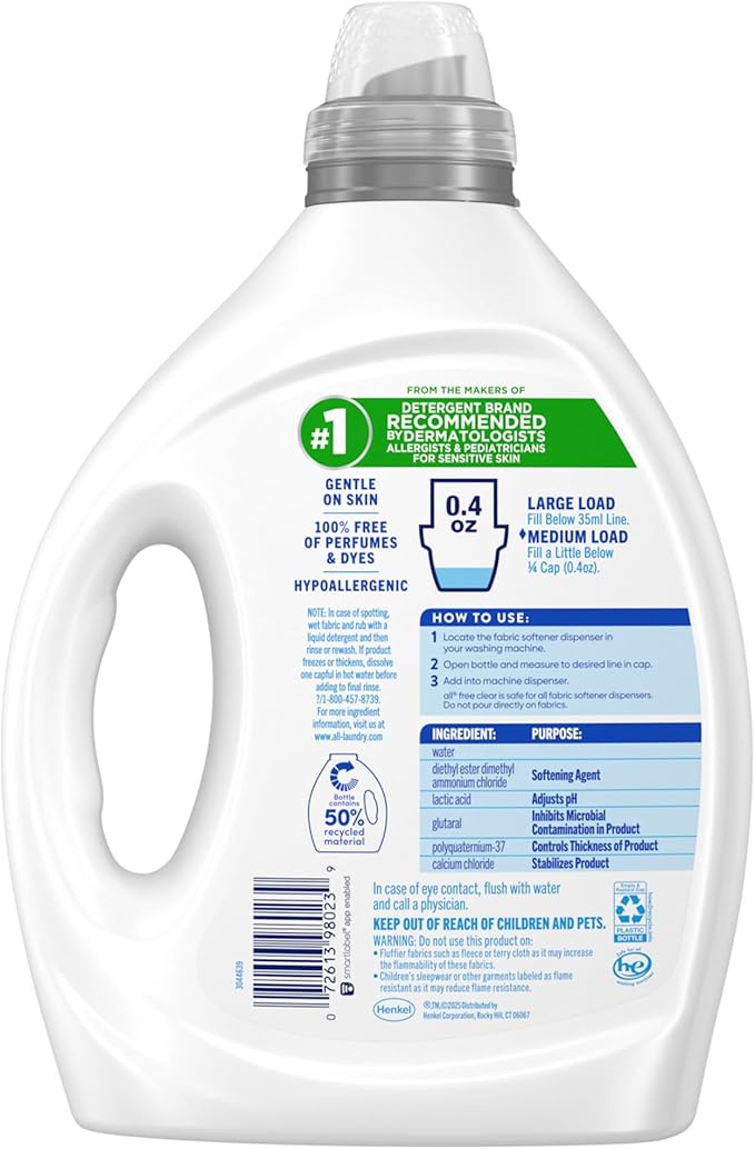 all free clear, Original, Liquid Fabric Softener for Sensitive Skin, Unscented and Hypoallergenic, Concentrated, 80oz, 200 Loads