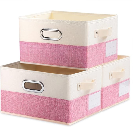 PRANDOM Fodable Storage Bins for Closet [3-pack] Decorative Fabric Storage Baskets Cubes with Leather/Metal Handles for Shelves Bedroom Living Room Pink&Cream (11.5x8.5x6.7 Inch)