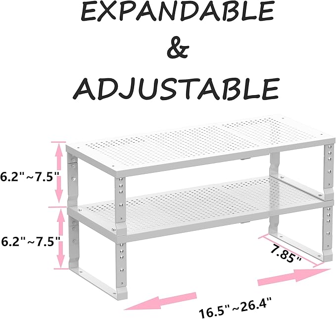 Metal Stackable Expandable Storage Shelf - Multi-Functional Home Storage Shelf, Suitable for Kitchen, Cabinet，Bathroom, Office, Garage, etc.（2PACKS/White/Medium