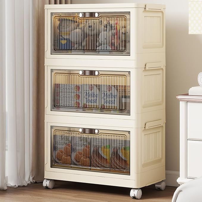 3 Tier - 34QT Storage Bins with Lids, Collapsible Storage Bins with Doors and Wheels, Plastic Storage Cabinet for Easy Storage and Organization for Living Room, Office