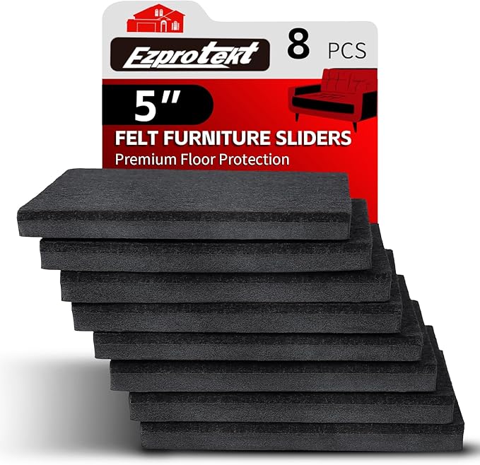 Ezprotekt 5" Square Felt Furniture Movers Sliders for Hardwood Floors, 8 Pcs Reusable Felt Furniture Moving Pads for Heavy Duty Bed Sofa Fridge Couch, Move Item Easily and Quickly (Black)