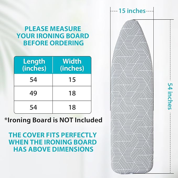 Ironing Board Cover with Padding 15 x 54 inch Standard Full Size, Heat Reflective with Hook and Loop Fasteners, Thick Padding with Elasticized Edges, 3 Layers Iron Board Cover (Gray Cube)