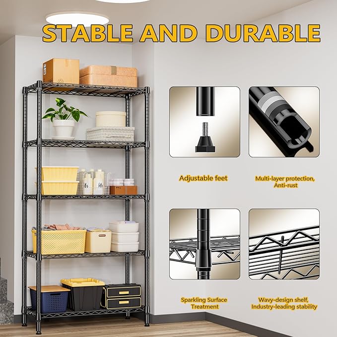 1250 lbs 5 Tier Shelf Metal Storage Shelves Shelving Wire Rack Heavy Duty Closet Organizers for Garage Kitchen Bathroom Laundry Black 15.7" D x 33.5" W x 68.5" H