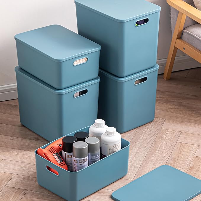 Plastic Storage Bins with lids,Storage Baskets,Container with handle,Storage Organizer Bins for Shelves,Office,Bedrooms,Closets, Cabinets(Blue, 3M)
