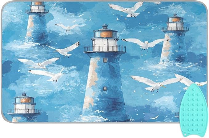 Watercolor Blue Lighthouses and Seagulls Ironing Mat Thickened Ironing Blanket Travel Portable Double-Side Using Ironing Pad Travel Isolate Heat Pad Cover for Washer Dryer Table Top Countertop