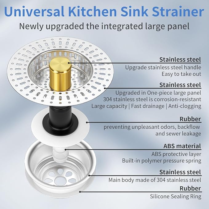 Upgraded 3 in 1 Kitchen Sink Drain Strainer - Stainless Steel Sink Stopper, Anti-Clogging Sink Food Catcher Basket, Fast Drainage Odor Filter Sink Plug(golden-2pcs)
