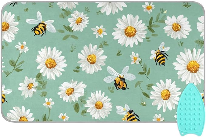 Ironing Mat Portable Ironing Pad Ironing Blanket for Table Top Heat Resistance Double-Side Using Travel Large 47.2 x 27.6 Inch Foldable Lightweight Mint Green Daisy Flowers and Bees