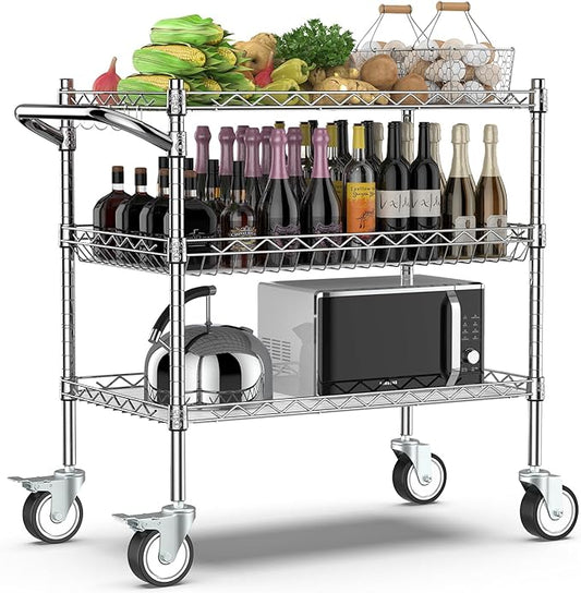 Leteuke Heavy Duty 3 Tier Rolling Utility Cart,NSF Certified 990Lbs Capacity Rolling Carts with Wheels,Commercial Grade Metal Cart with Handle Bar & Shelf Liner,Trolley Serving Cart for Kitchen,Chrome