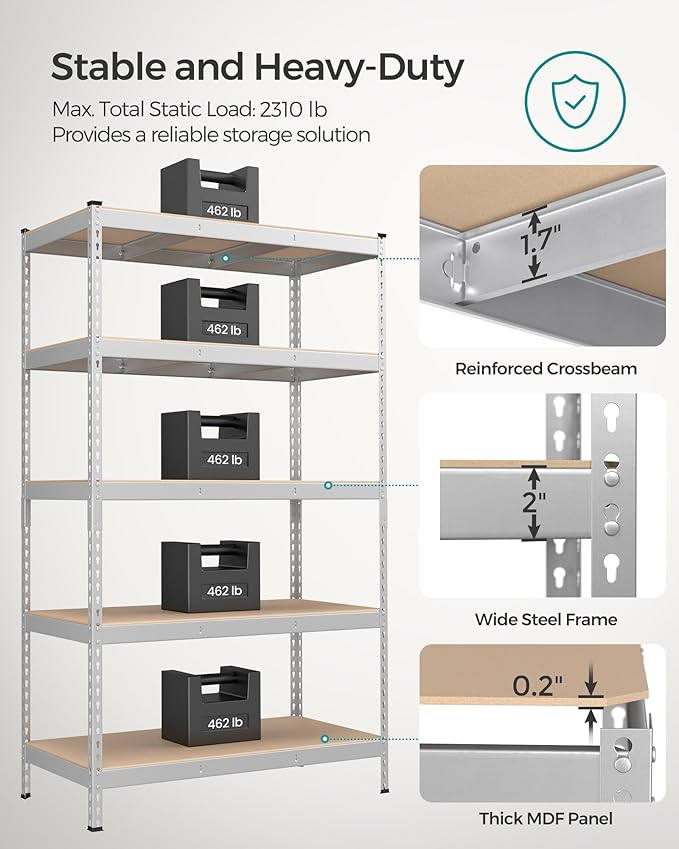 SONGMICS 5-Tier Storage Shelves, Load 2310 lb, Set of 2 Garage Storage, Boltless Assembly, Adjustable Shelving Unit, 23.6 x 47.2 x 70.9 Inches, for Study Shed Basement, Silver UGLR600E02