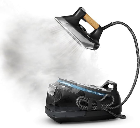 Rowenta, Iron, Ultimate Steam Pro Stainless Steel Soleplate Professional Steam Station for Clothes, 1800 Watts, 1.3L Removable Tank, Boiler Technology, Fast Heat Up, Black Clothes Iron, DG8668