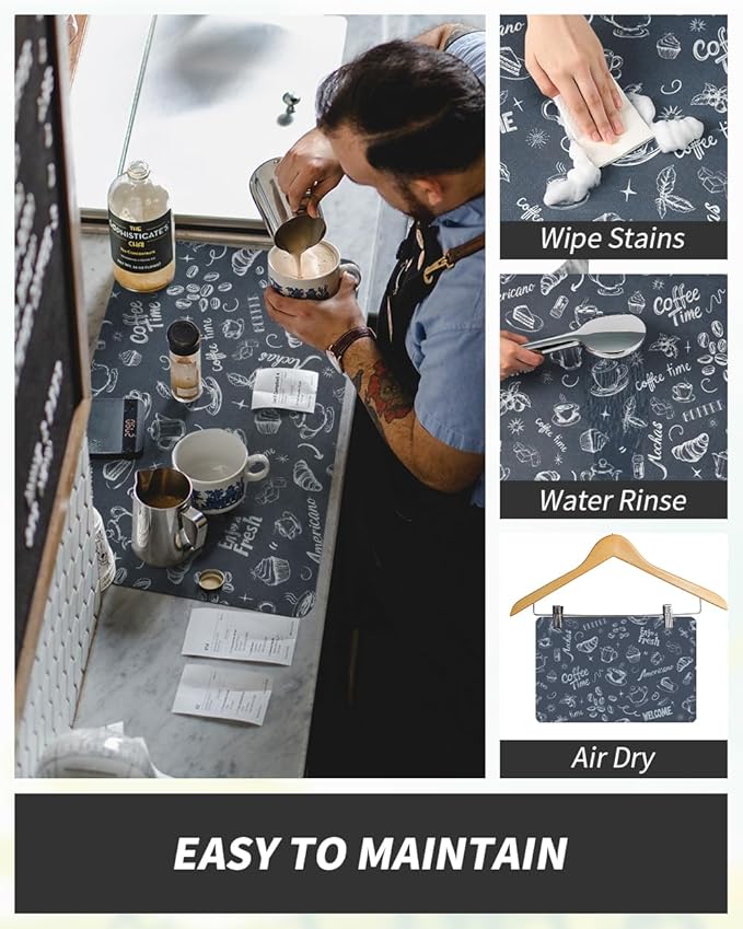 AMOAMI Coffee Mat - Hide Stain, Rubber Backed, Absorbent Dish Drying Mat for Kitchen Counter - Fits Under Coffee Maker & Machine - 16X24, Dust Blue