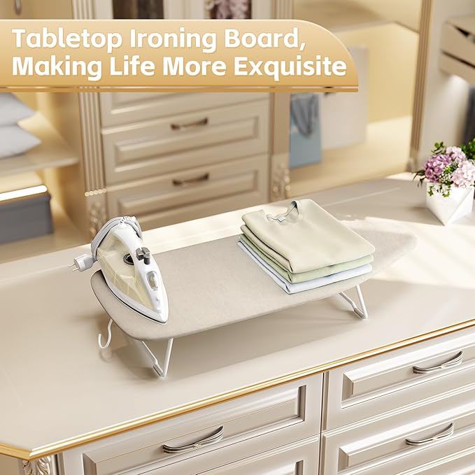 Small Ironing Board Tabletop with Heat Resistant Cover, Compact Mini Ironing Board with Metal mesh Frame, for dorms, aprtment and Travel, Hook for Hanging, Iron Board 30x12, Iron Table Stand Beige