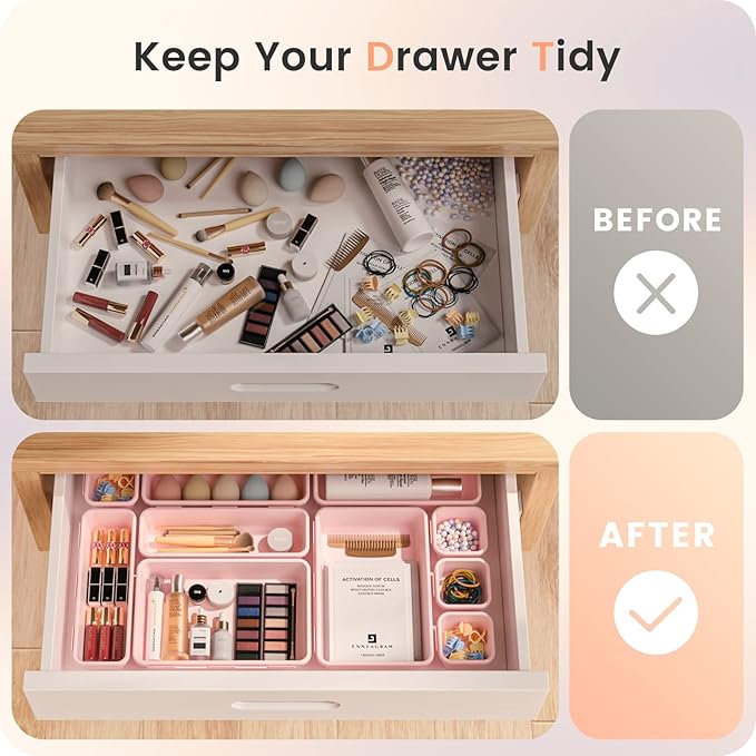 A-LuGei 【28PCS】 Drawer Organizer, Bathroom Organizers and Storage, Makeup organizer, Desk drawer organizer, Storage Bins for Kitchen Office Bedroom Vanity Jewelry Pantry Garage【Pink】【4Size】