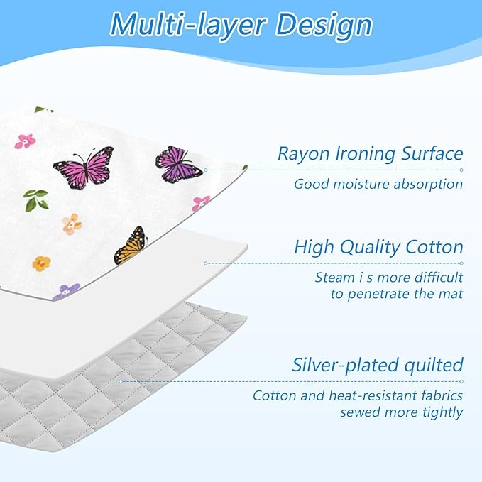 Pretty Butterfly Flower Ironing Mat for Table top Portable Ironing Pad Blanket for Washer Dryer Countertop Travel