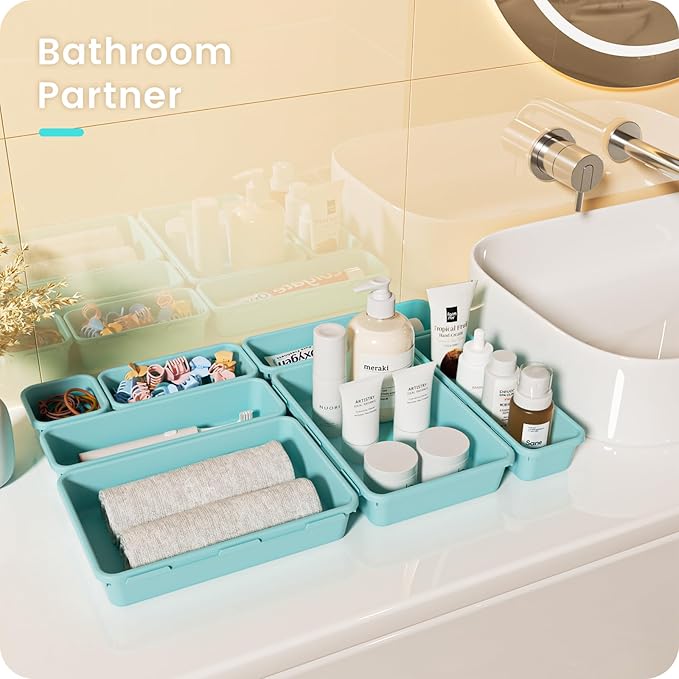 A-LuGei 【28PCS】 Drawer Organizer, Bathroom Organizers and Storage, Makeup organizer, Desk drawer organizer, Storage Bins for Kitchen Office Bedroom Vanity Jewelry Pantry Garage【Black】【4Size】