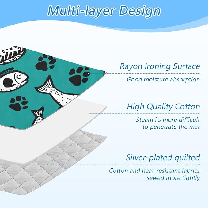 Ironing Mat Portable Ironing Pad Ironing Blanket for Table Top Heat Resistance Double-Side Using Travel Large 47.2 x 27.6 Inch Foldable Lightweight Dark Green Paw Prints and Fish