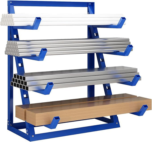 Steel Lumber & Pipe Storage Rack – Heavy Duty 4-Tier Horizontal Organizer Shelf for Garage, Workshop, Basement, 24"x48"x61"