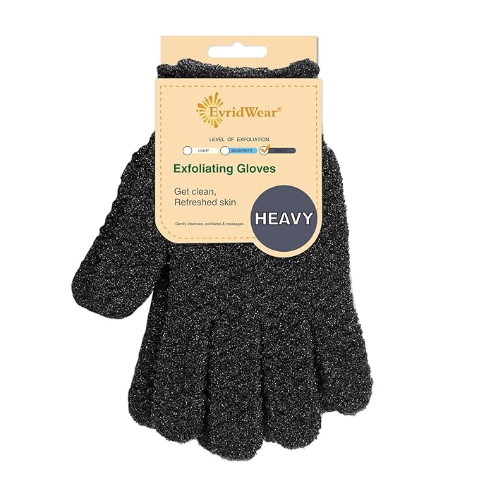 Evridwear Exfoliating Dual Texture Bath Gloves for Shower, Spa, Massage and Body Scrubs, Dead Skin Cell Remover, Gloves with Hanging Loop (1 Pair Black Heavy Glove)