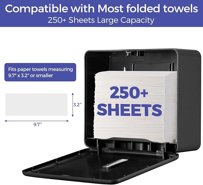 Multifold Paper Towel Dispenser Wall Mount (Black) – Large Capacity C-Fold, Trifold, and Folded Commercial Hand Towels Holder for Bathroom & Restroom – Adhesive or Screw Mounted