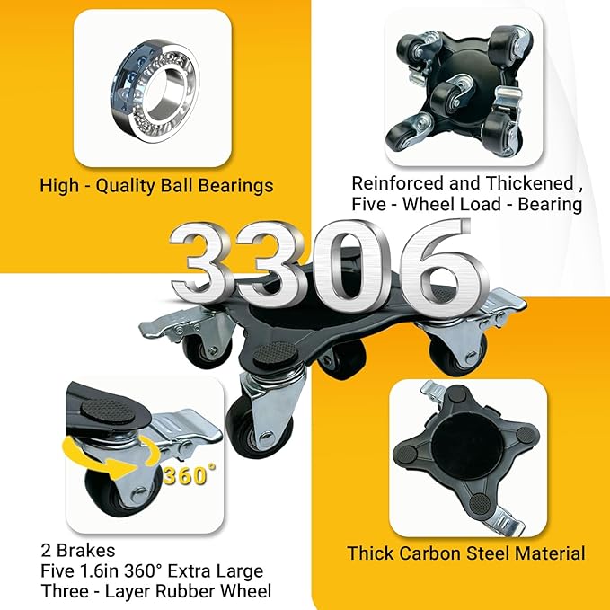 3306Lb Furniture Dolly Set, Furniture Movers with 5 Wheels Heavy Duty, Carbon Steel Panel Heavy Duty Dolly, 360° Rotation with Brake, Double Bearings, Furniture Lifter Move Tool