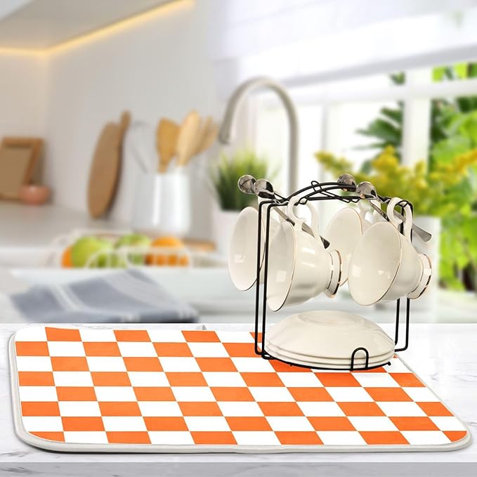 Burnt Orange Chessboard Dish Drying Mat for Kitchen Countertop 16x18 Plaid Checkered Rectangle Small Drying Mat Reusable Quick Dry Dish Sink Absorbent Mats Easy Clean Decorative Home Essentials