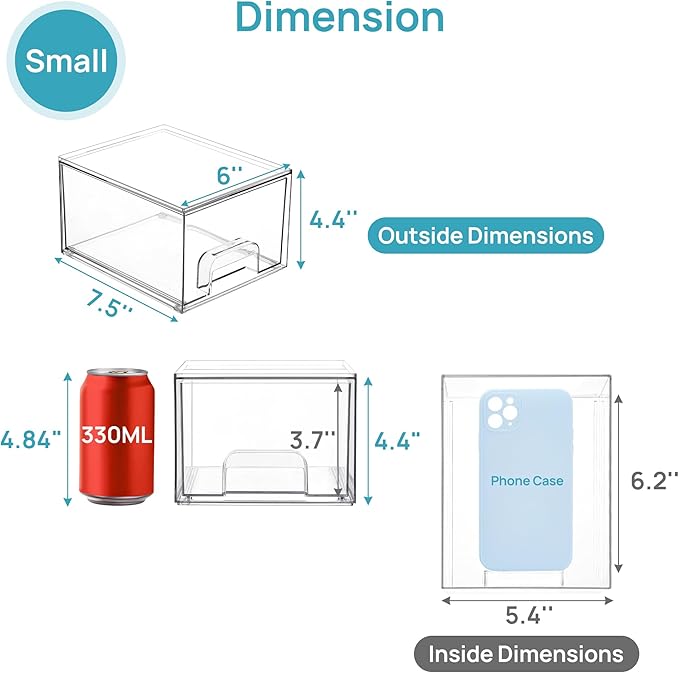 Vtopmart 2 Pack Clear Stackable Storage Drawers, 4.4'' Tall Acrylic Bathroom Makeup Organizer,Plastic Storage Bins For Vanity, Undersink, Kitchen Cabinets, Pantry, Home Organization