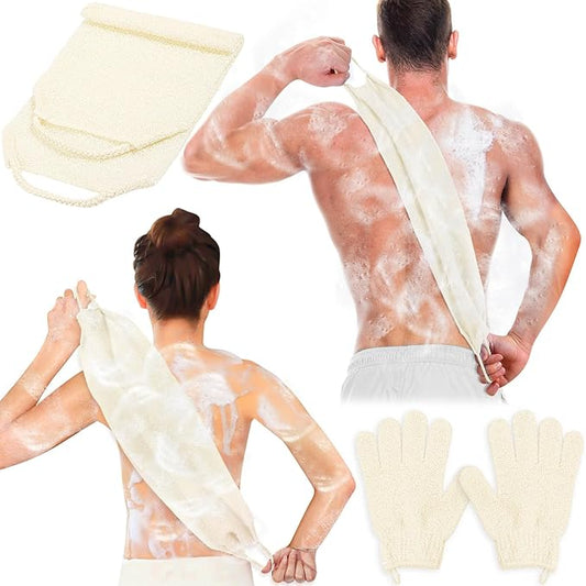 Anezus Exfoliating Back Scrubber Bath Gloves Set, Exfoliating Shower Towel with Shower Gloves for Body Scrub, Back Cleaner Wash Gloves to Remove Dead Skin (Beige)