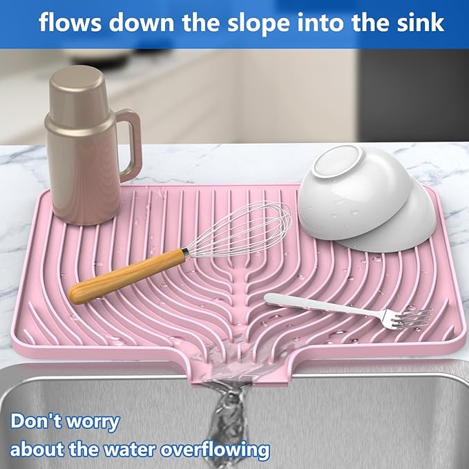 Dish Drying Matt for Kitchen Counter,18"×12"Silicone Dry Rack Mat with Built in Drain, Kitchen Dry Mats for Dishes Drying Pad for Counter(18"×12"Pink)