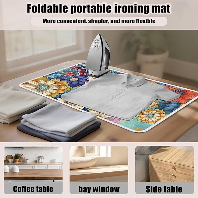 Ironing Mat Boho Flower Portable Ironing Pad Blanket for Table Top Heat Resistance Travel Small 32 x 16 Inch Foldable Lightweight Iron Mats for Washer and Dryer